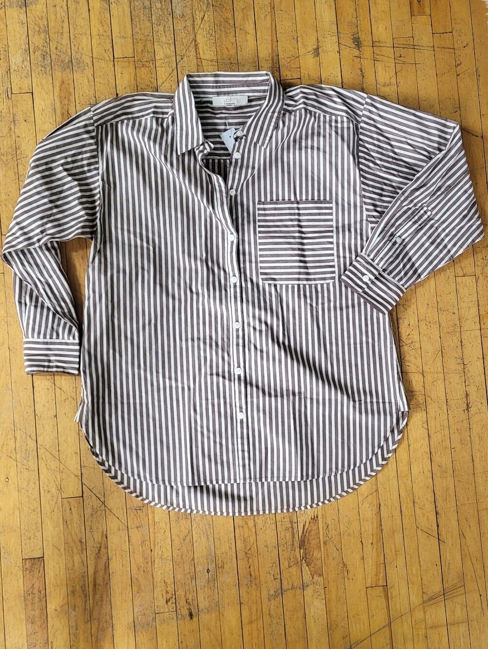 LOFT Women's Brown and White Striped Button-Down Shirt Oversized Tunic NWT